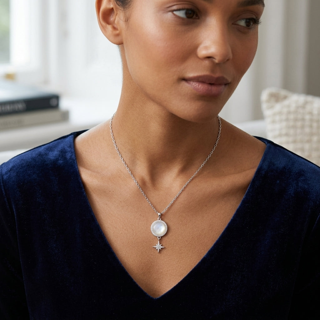 A woman wearing a delicate silver necklace with a round white pearl and a small star charm, styled with a dark navy velvet top in a softly lit indoor setting.