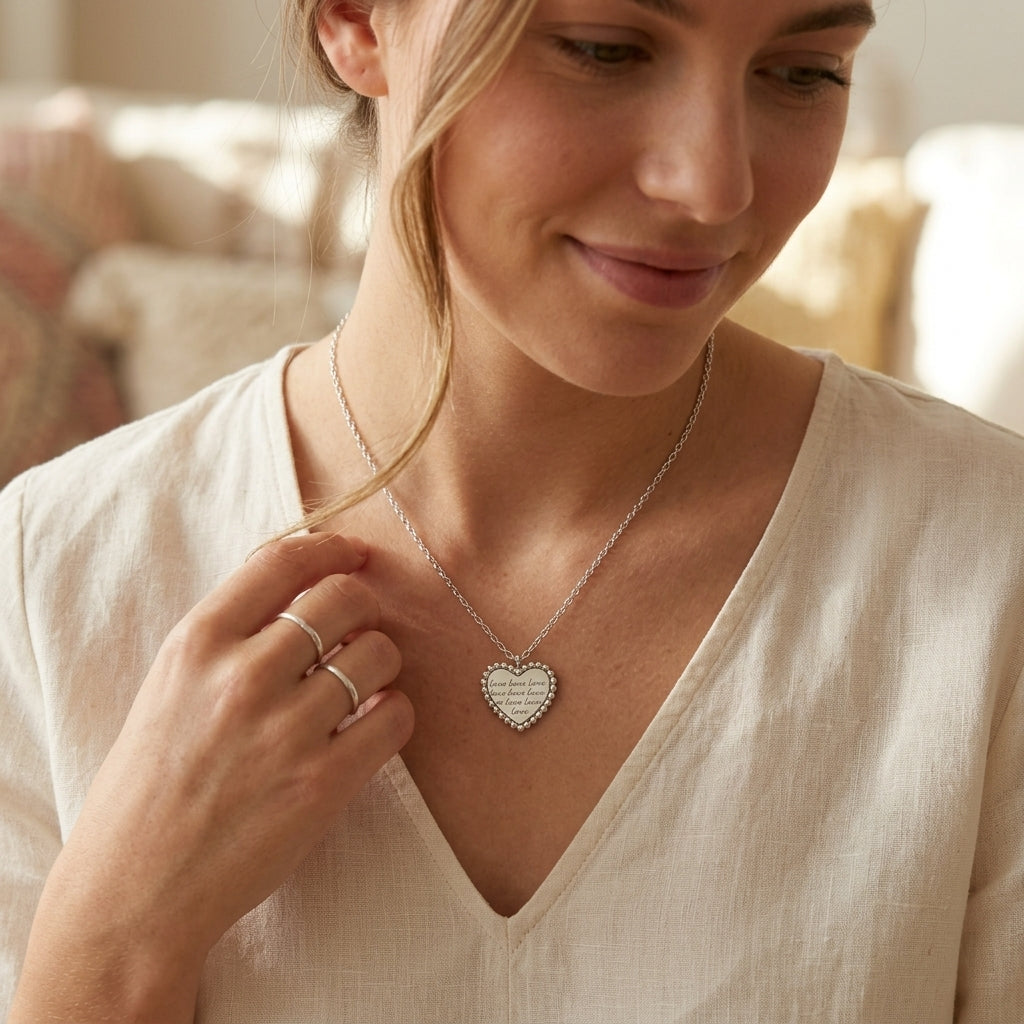 A woman wearing a silver heart-shaped pendant necklace with a textured nameplate design, styled with a cream-colored linen top in a softly lit indoor setting.