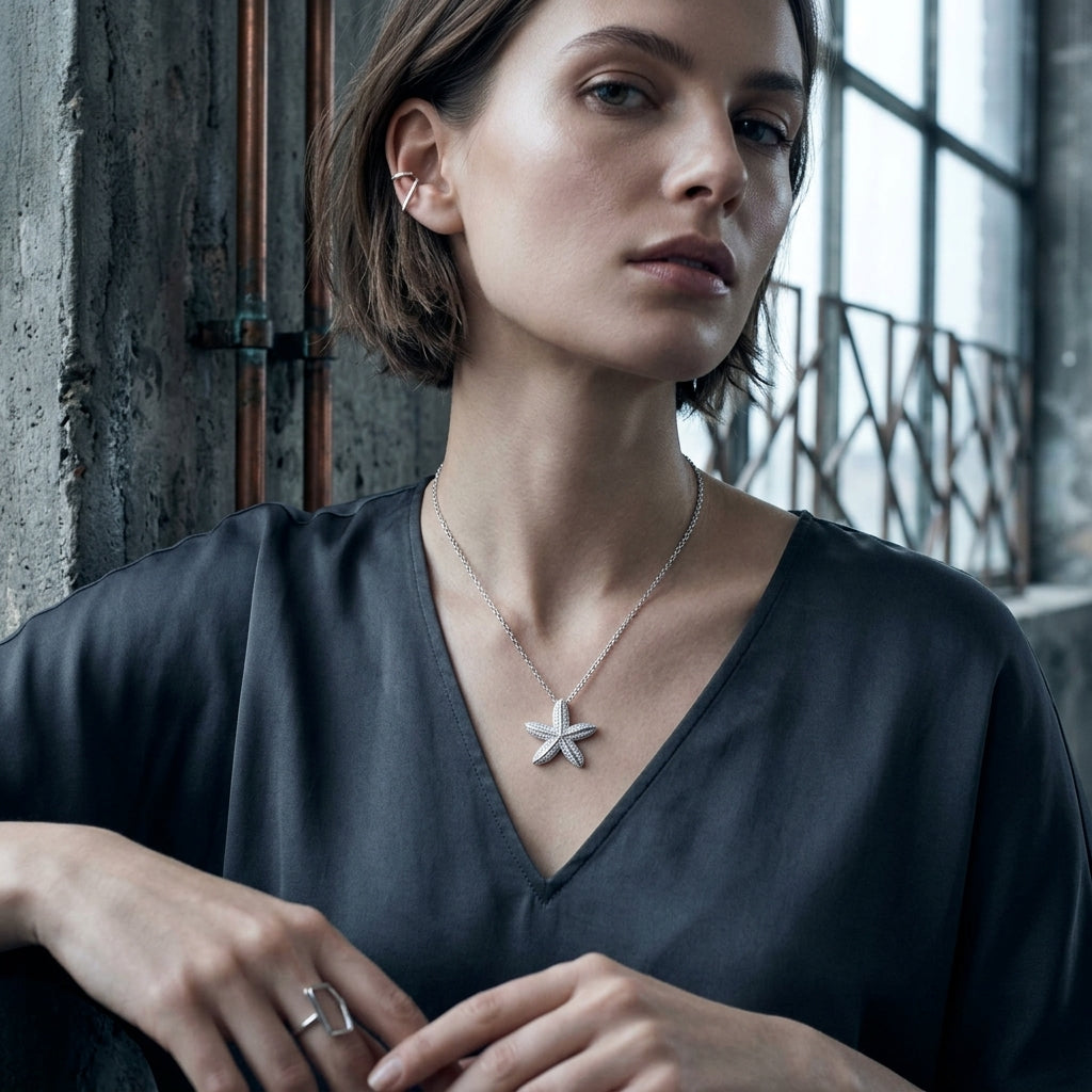 A woman wearing a silver starfish pendant necklace and a silver ring, dressed in a dark grey V-neck top, posing in front of a rustic concrete wall and window.