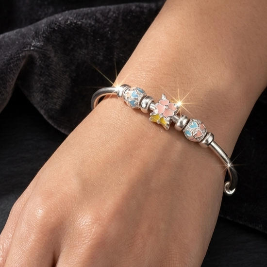 925 Sterling Silver Floral Charm Bangle