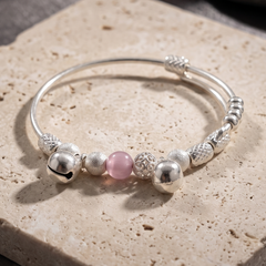 925 Sterling Silver Pink Pearl & Bell Charm Bracelet