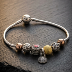 925 Sterling Silver Multi-Charm Snake Chain Bracelet | Handcrafted Mixed-Metal Aesthetic