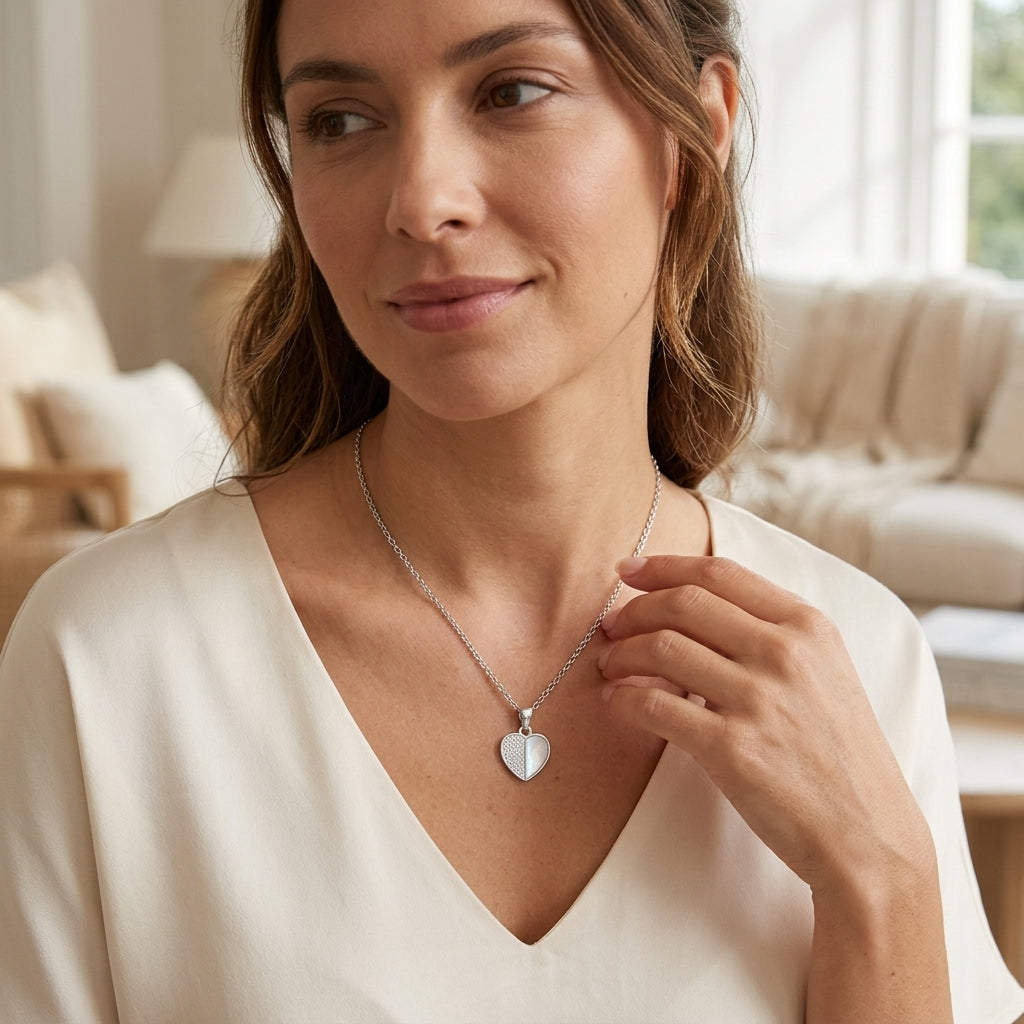 A woman wearing a delicate silver heart pendant necklace, shown in a softly lit indoor living room setting.