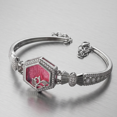 Elegant 925 Sterling Silver Hexagonal Ruby-Tone Floral Bracelet