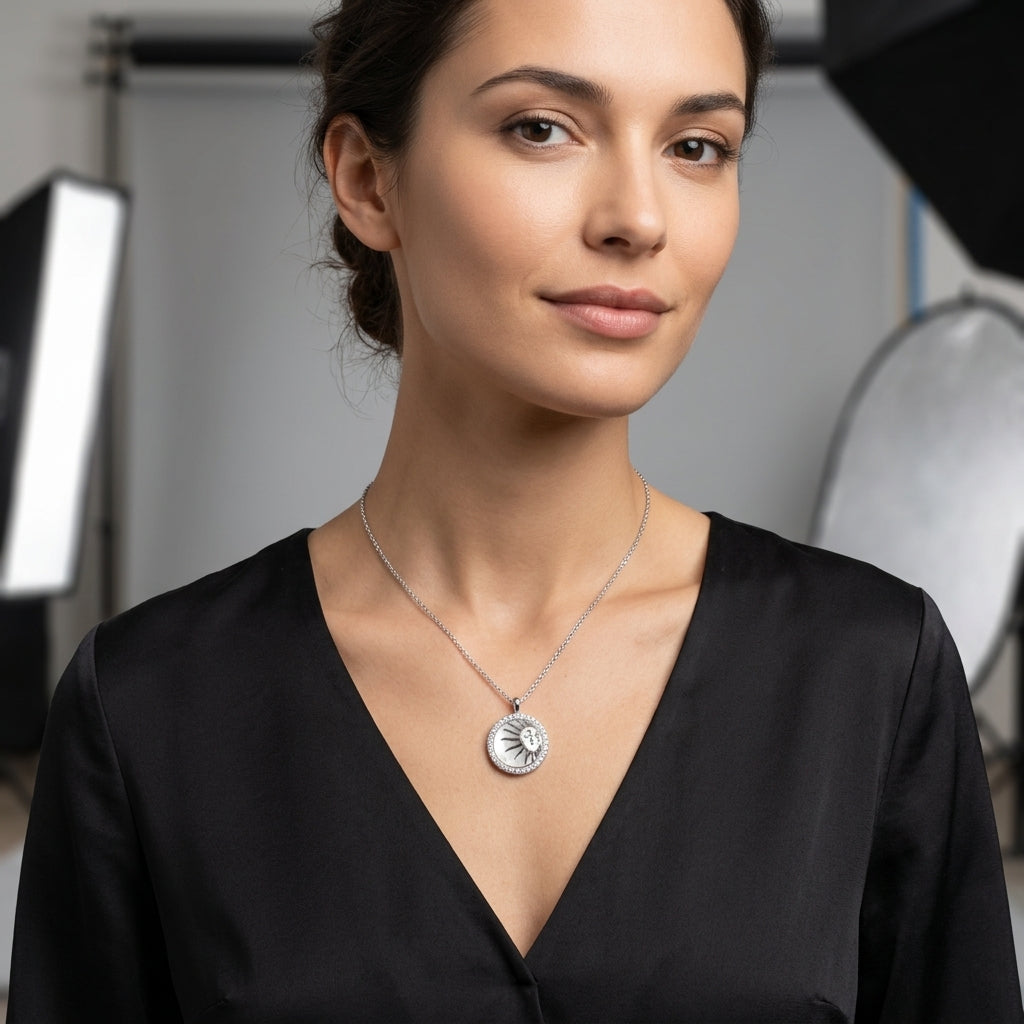 A woman wearing a silver pendant necklace with a sunburst design, styled with a black satin V-neck top. The background shows soft-focus studio lighting equipment.