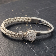 925 Sterling Silver Braided Leather Bracelet with Diamond-Cut Halo Charm – Elegant Silver Bangle for Women