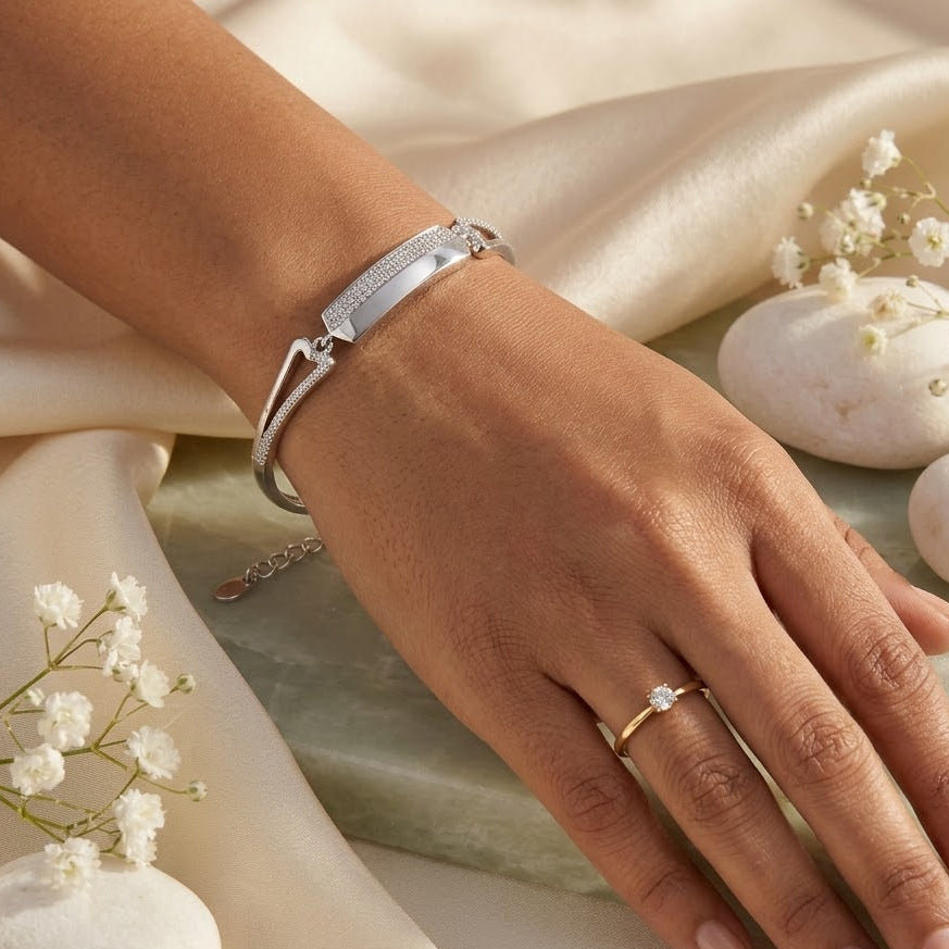 925 Starling Silver Elegant Pave Bar Bracelet – Adjustable Cuff Style with Shimmering – Modern Jewelry Gift for Her