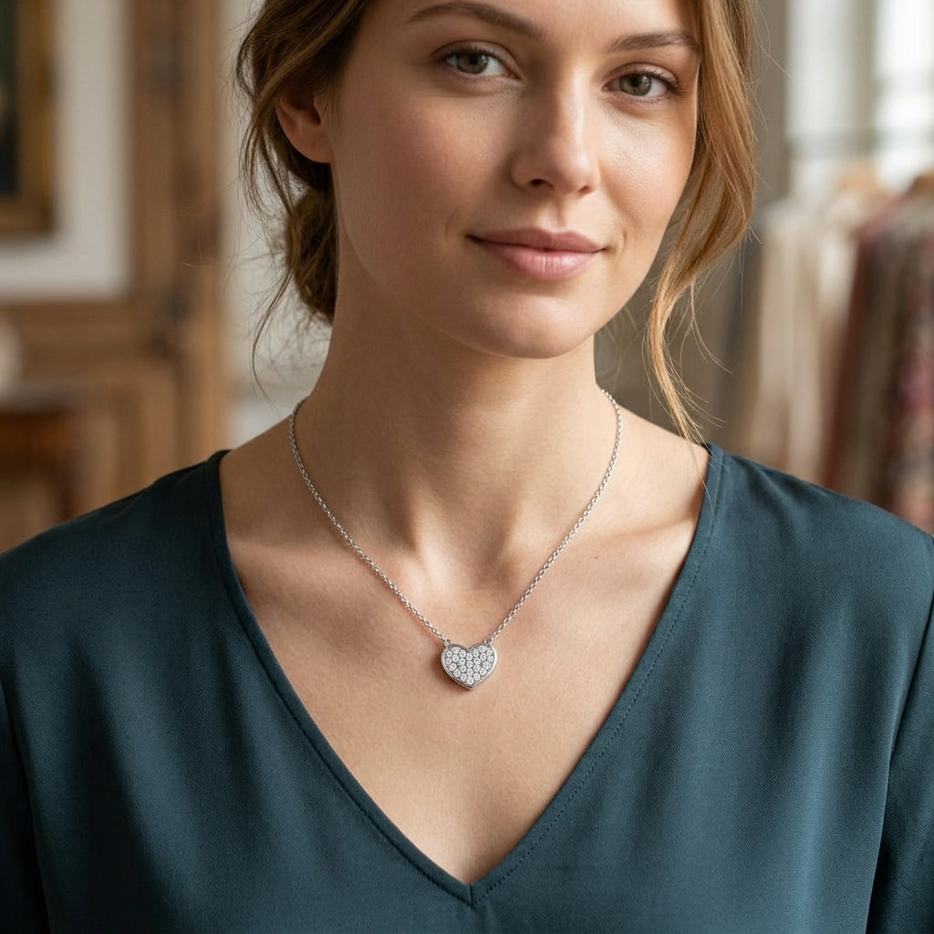 A woman wearing a silver heart-shaped pendant necklace with small clear stones, styled with a dark teal V-neck top. The background is a softly blurred indoor setting.