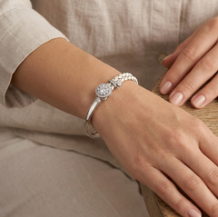 925 Sterling Silver Braided Leather Bracelet with Diamond-Cut Halo Charm – Elegant Silver Bangle for Women