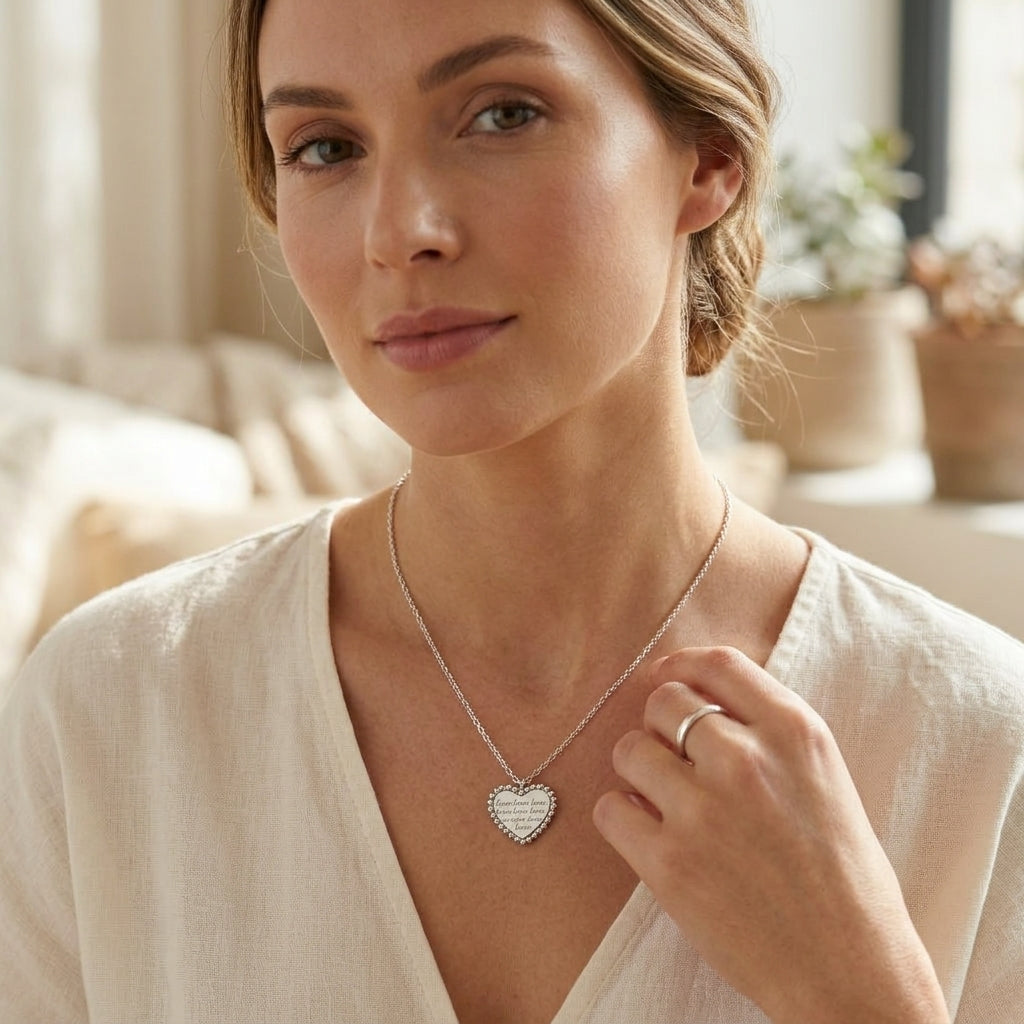 A woman wearing a delicate silver heart pendant necklace with a textured, pave-like surface detail, styled with a matching silver ring on her finger. She is wearing a soft cream-colored top in a warm, softly lit indoor setting.