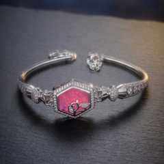 Elegant 925 Sterling Silver Hexagonal Ruby-Tone Floral Bracelet