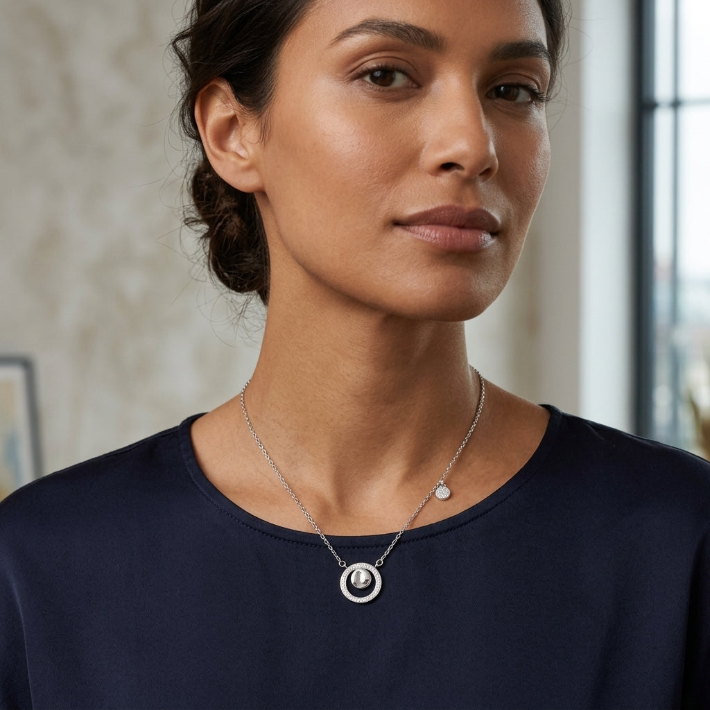 A close-up of a woman wearing a silver necklace with a circular pendant and a small round charm, paired with a dark navy blue top.