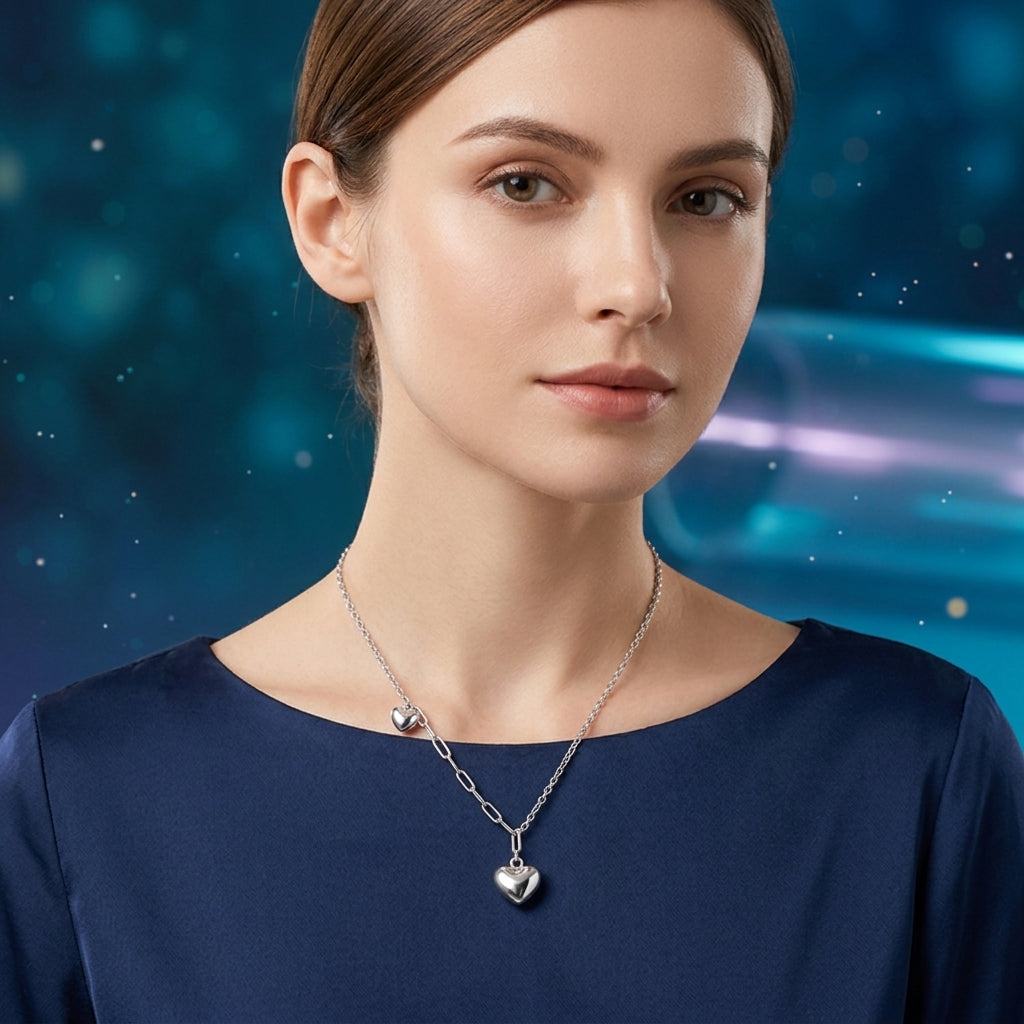 A woman wearing a silver heart pendant necklace and a matching small heart charm, shown from the chest up against a blue bokeh background.