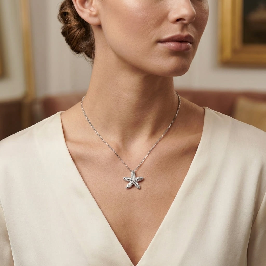 A close-up of a woman wearing a delicate silver starfish pendant necklace on a fine chain, styled with a cream-colored V-neck top.