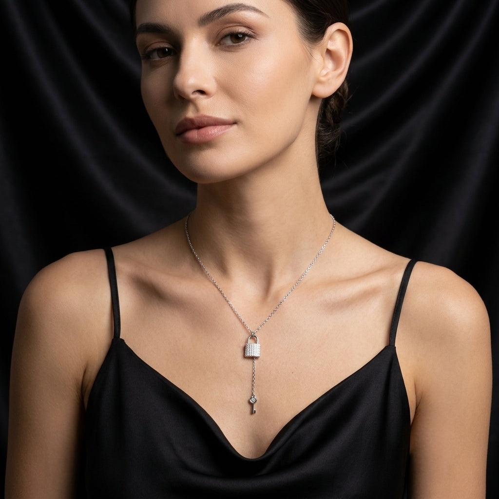 A woman wearing a delicate silver necklace with a padlock and key pendant, styled with a black satin camisole against a dark draped background.