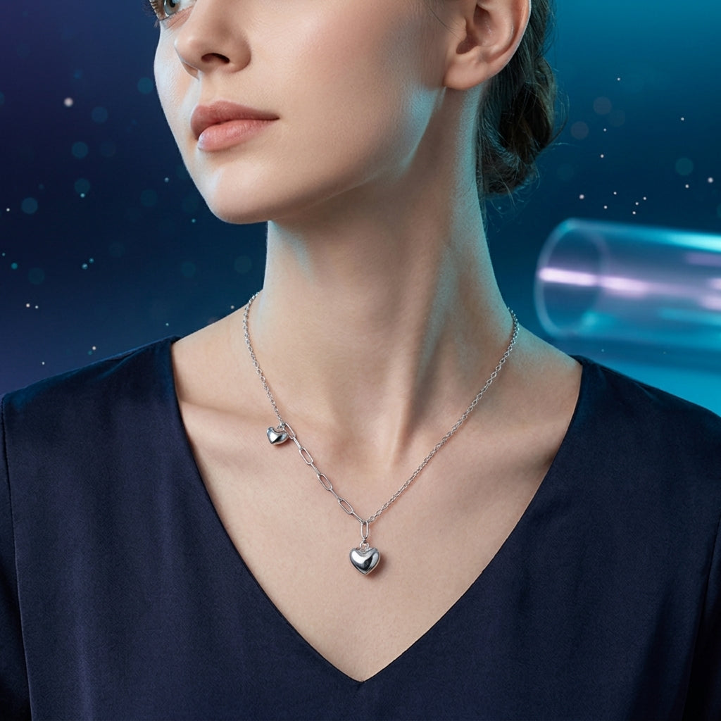 A close-up of a woman wearing a delicate silver necklace with two small heart charms and a larger heart pendant, styled with a dark navy blue V-neck top against a dark blue background with subtle light effects.