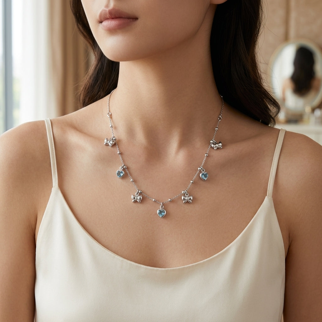 Blue Crystal, Bow Design Necklace